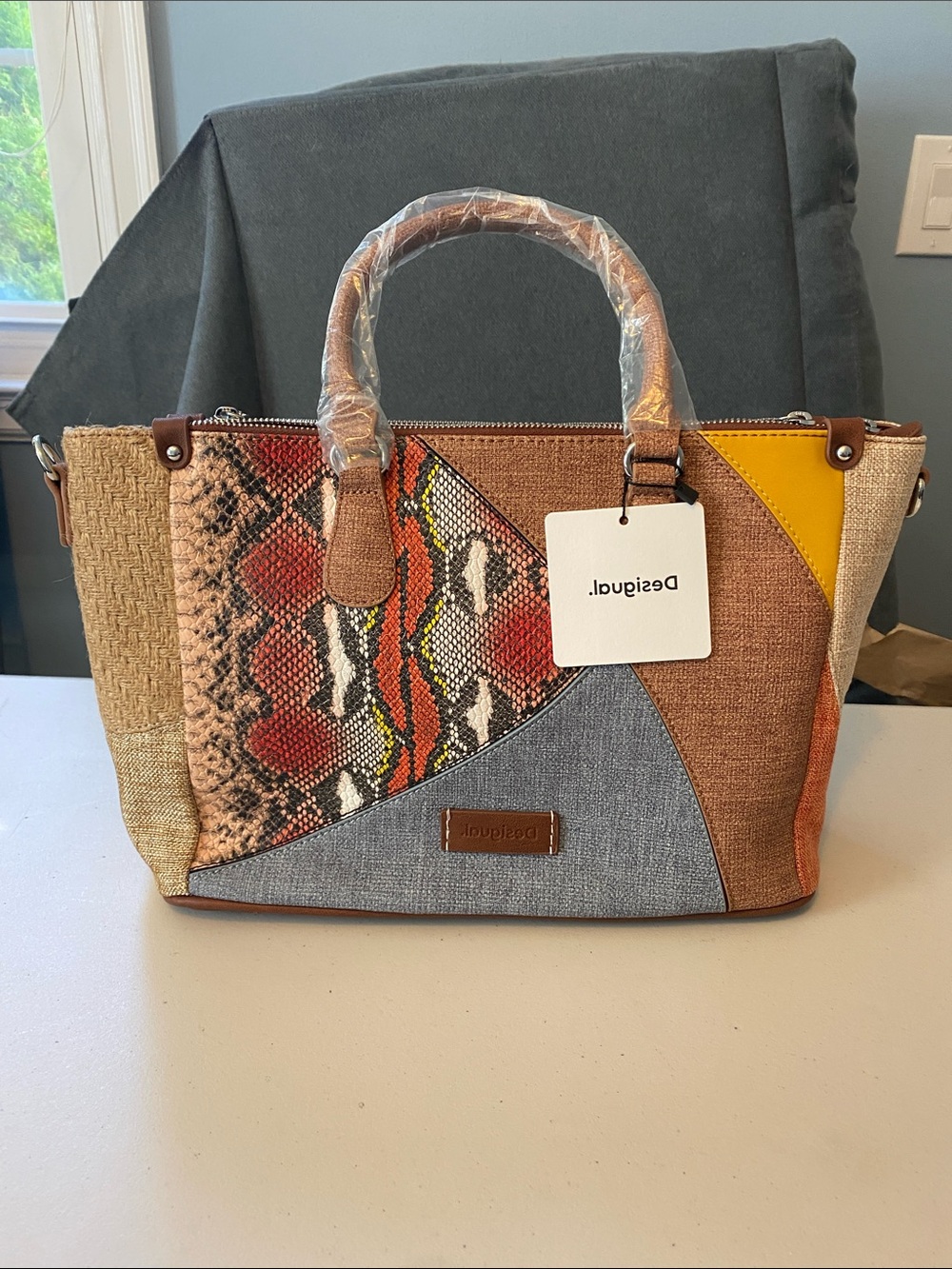 Desigual Multicolor Patchwork Satchel with Snake-Print and Yellow Accent